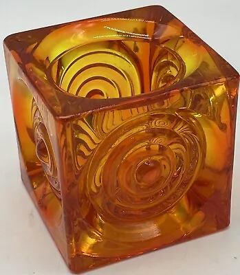 Viking Glass Orange Persimmon Bullseye Pattern Art Glass Candle Holder Glows • $199