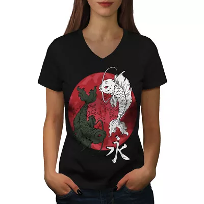 Wellcoda Japan Sun Rise Fish Womens V-Neck T-shirt Koi Flag Graphic Design Tee • £15.99