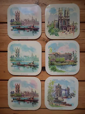 6 Vintage Retro Scenes Of London Table Mats 6.5  Square Shiny Metal Hard Wearing • £12.99