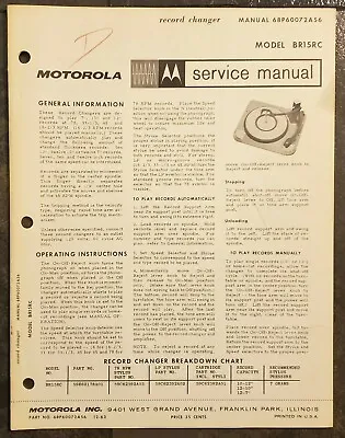 Rare Orig Factory Motorola BR15EC Record Player Turntable Service Manual • $18.99