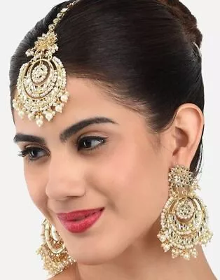 Indian Maang Tikka Earrings Gold Tone Kundan Bollywood Wedding Women Jewelry Set • $30.59