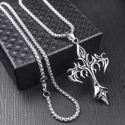 Mens Unisex Gothic Cross Pendant Necklace Punk Rock Biker Jewelry ChainA15 • $0.99