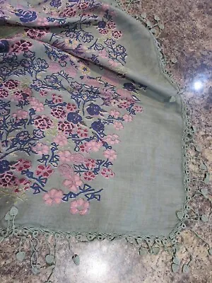 M&S Large Green Pink  Scarf Wrap Shawl With Lace Edges  48 X 48  • £11.99