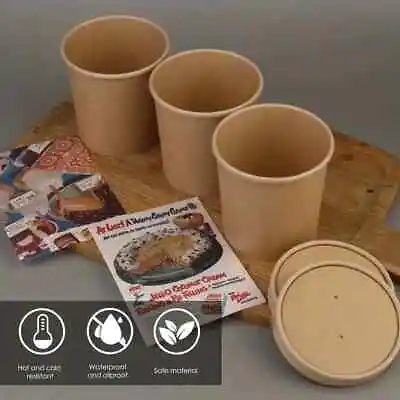 Disposable Soup Bowls Kraft Paper Soups Cups With Lids Takeaway Ice Cream Pots • £21.99