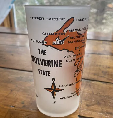 Vintage Michigan Wolverine Map Frosted Souvenir Glass Barware Orange 60s MCM • $13.66