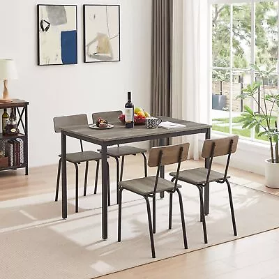 Grey Dining Table Set 5 Pcs Chair Backrest Industrial Style Sturdy Construction • $222.06