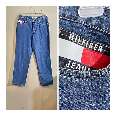 Tommy Hilfiger Women 10 Relaxed Fit Jean Vinyl Pocket Logo Spellout Blue Y2K NEW • $22.69