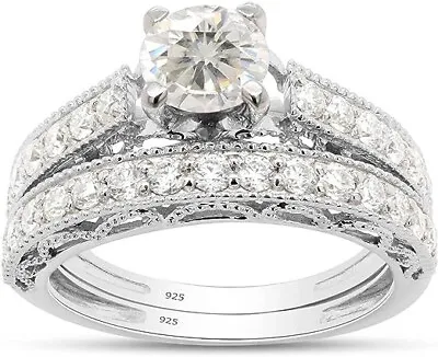 1.5ct Lab Created Moissanite Milgrain Wedding Bridal Ring Set Sterling Silver • $129.81