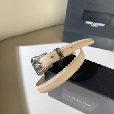 $119.99 • Buy Saint Laurent YSL Silver Buckle Cream Leather Women Belt 2.0CM