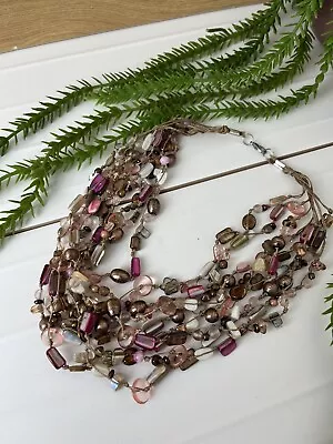 £10.99 • Buy STATEMENT Necklace Multi Strand Pink / Brown Beaded Costume Jewellery Boho Arty