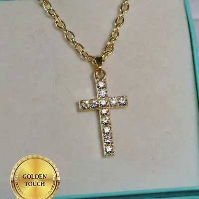 Mens Handsome Yellow Gold Gf Cross Pendant  20  Curb Chain Necklace Unisex • £7.99