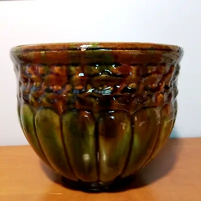 McCoy Blended 1920s Vintage Art Pottery Green Brown Ribbed Ceramic Jardiniere 40 • $99.95