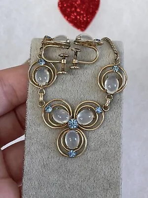 Van Dell Necklace & Earrings Vintage 1950s Blue Rhinestone 1/20 12K G Beautiful • $225