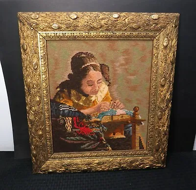 Antique Victorian Aesthetic Gold Gilt Gesso Frame W/ Needlepoint 13 X 15  Inner • $64.99