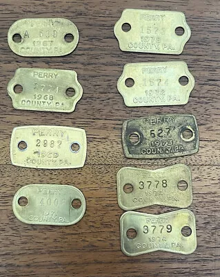 Lot Of 9 Vintage Brass Perry County PA Dog Tax License Tags 1960's - 1970’s • $15.95