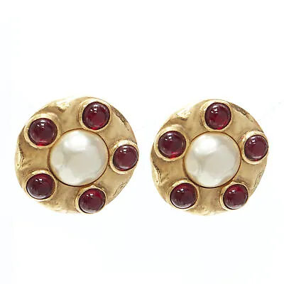$699.99 • Buy CHANEL Vintage 1990's Collection 23 Gold Red Gripoix Faux Pearl Clip On Earrings
