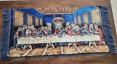 Vtg 70s P&C Last Supper Velvet Tapestry Wall Hanging 43x19 Blue Fringe Religious • $60