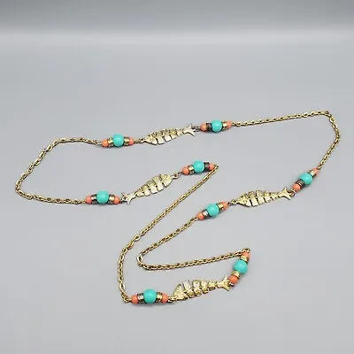 Articulated Fish Necklace Gold Tone Blue Orange Bead Station 40  • $29.99