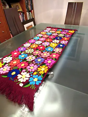 MEXICAN CHIAPAS HAND MADE WOOL EMBROIDERY TABLE TOPPER - FLOWERS On BORDEAUX • $64.50