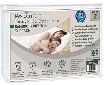 Set Of 2 Bamboo Terry Zippered Pillow Protector - Waterproof Allergen Proof • $19.99