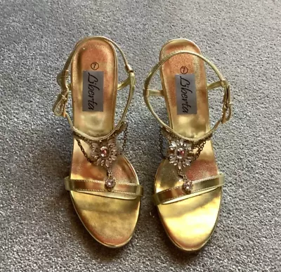 Liberta Gold Jewelled Strappy Heeled Sandals Size UK 7 • £5.95