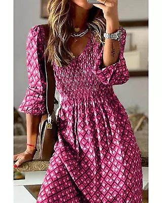 Geometric Print V Neck High Waist Long Dress  -  Maxi  - Pink • $49.50