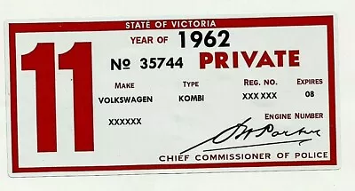 VINTAGE CAR REGO Vinyl Decal Sticker REGISTRATION VOLKSWAGEN KOMBI 1962 VW • $2.58