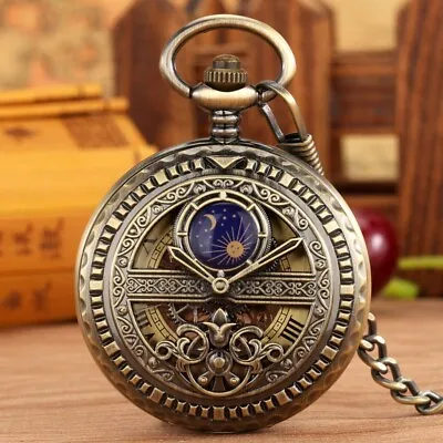 Bronze Mechanical Pocket Watch Moon Sun Phase Decorative Hand-Winding Mens Gifts • $14.45