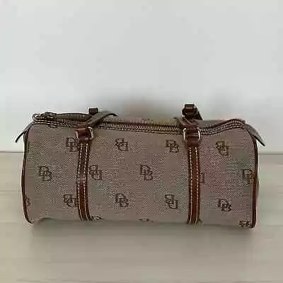 Dooney & Bourke Canvas Barrel Bag Monogram British Tan Leather Trim Handbag • $49
