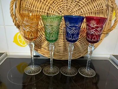 Vintage Bohemian Crystal Wine Glasses Harlequin Coloured X 4 With Embossed Stem  • £150