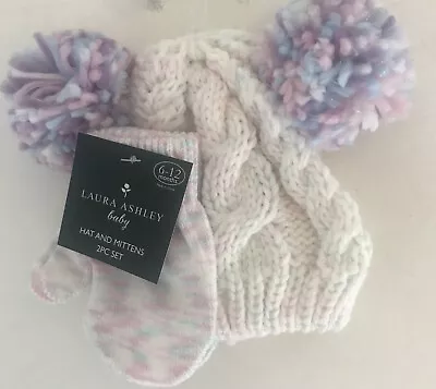 6-12 Months Cable Designed Cream Flecked Knitted Pompom Hat With Matching Gloves • £9.98