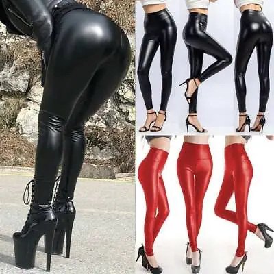 Ladies Wet Look Leggings Faux Leather HIGH WAIST Black Stretch PVC Leggings • $9.04