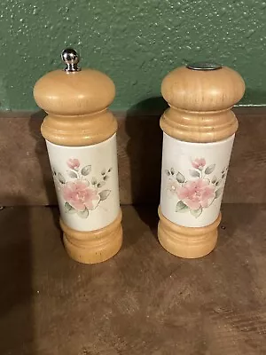 Mr  Dudley Wood 7  Pepper Grinder Mill And Salt Shaker Set Pink Floral Ceramic • $10