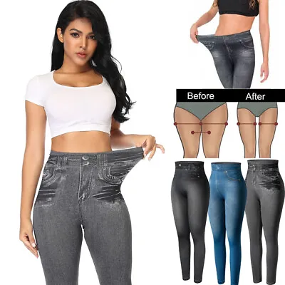 Womens Skinny Jeans Leggings High Waist Pants Slim Faux Denim Stretchy Jeggings • £12.99