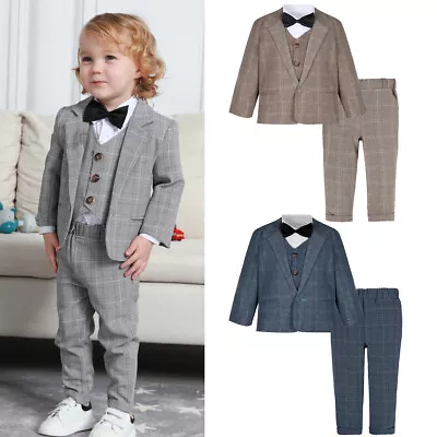 Baby Toddler Boys Plaid Outfits Formal Wedding Suit Set Gentleman Clothes 4PCS • £23.39