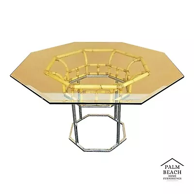 Vintage MCM Milo Baughman Style Chrome Bamboo Rattan Glass Dining Gaming Table • $1395