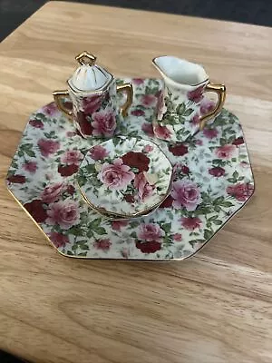 VTG Miniature Porcelain Roses Tea Gold Trim Not For Food Use Set Of  6 Pieces • $5