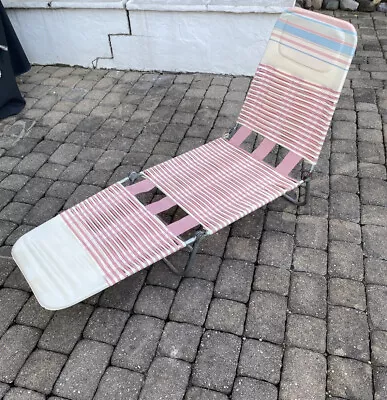 Vtg Folding Aluminum Lounge Lawn Chair Vinyl PVC Jelly Tube Pink And White • $70