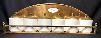 Copper & Brass Spice Rack Jars Lids Porcelain Ceramic Vintage Kitchen Organizer • $39.95