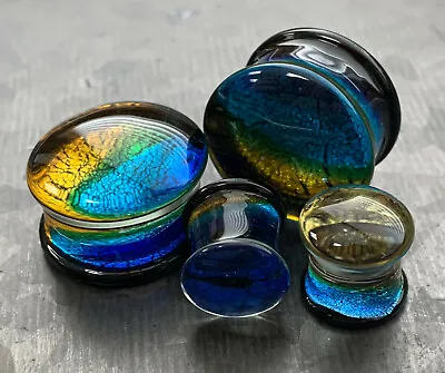 PAIR Oceanic Design Glass Plugs Double Flare Shattered Gauge Body Jewelry  • $17.95
