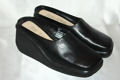 ME TOO Black Leather PILOT Square Toe Slip On Wedge Clogs Mules Sz 6.5 • $19.96