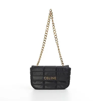 CELINE 3600$ Black Quilted Leather Chain Shoulder Bag - Matelasse Logo • $2695.50