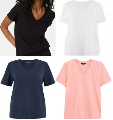 Ex M&S Pure Cotton V-Neck Straight Fit T-Shirt Lightweight Size 6-24 • £7.99