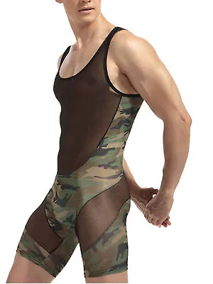 Hollow Out Fishnet Jumpsuit Shorts See Through Tank Bodysuit Mens Catsuit Romper • $15.92