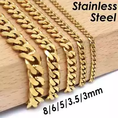 8mm 18k PVD GOLD Plate Stainless Steel Chain CUBAN CURB Necklace/Bracelet Or Set • £10