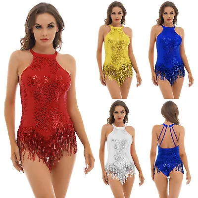 Women Sparkling Sequins Leotard Tassel Latin Dance Dress Samba Ballroom Costume • £11.03