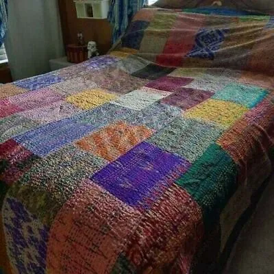 Vintage Patchwork Kantha Bedspread Indian Handmade Quilt Throw Silk Boho Blanket • $48.05