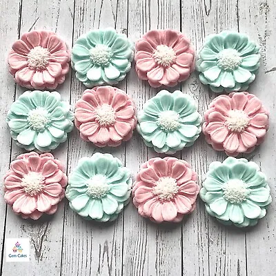 12 Pink & Blue Daisy  Flowers Sugar Fondant Cake Toppers Baby Shower Birthday • £7.99