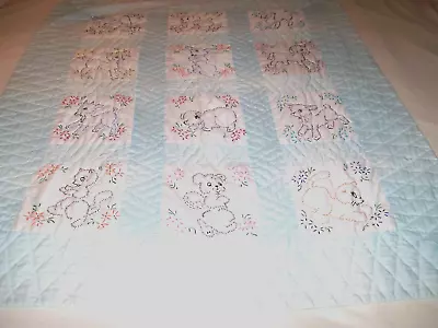 Hand Quilted & Embroidered Baby Quilt W/Many Baby Animals 38  W X 50  L • $6