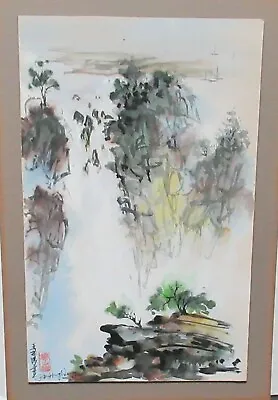 P. Wong Chinese River Mountain Boats Watercolor Painting   • $695